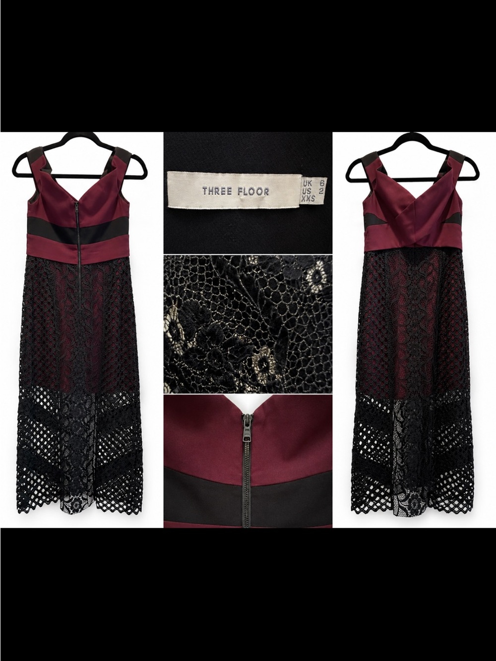 Three Floor Wine and Black Lace-Panel Midi Dress/long